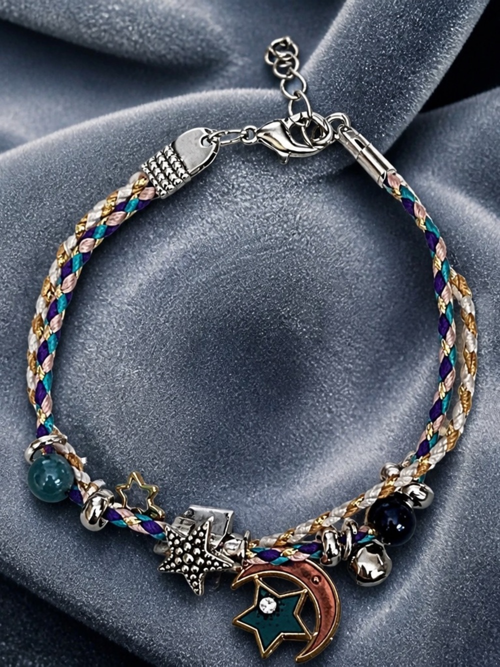 Celestial Star & Moon Multicolor Braided Charm Bracelet
